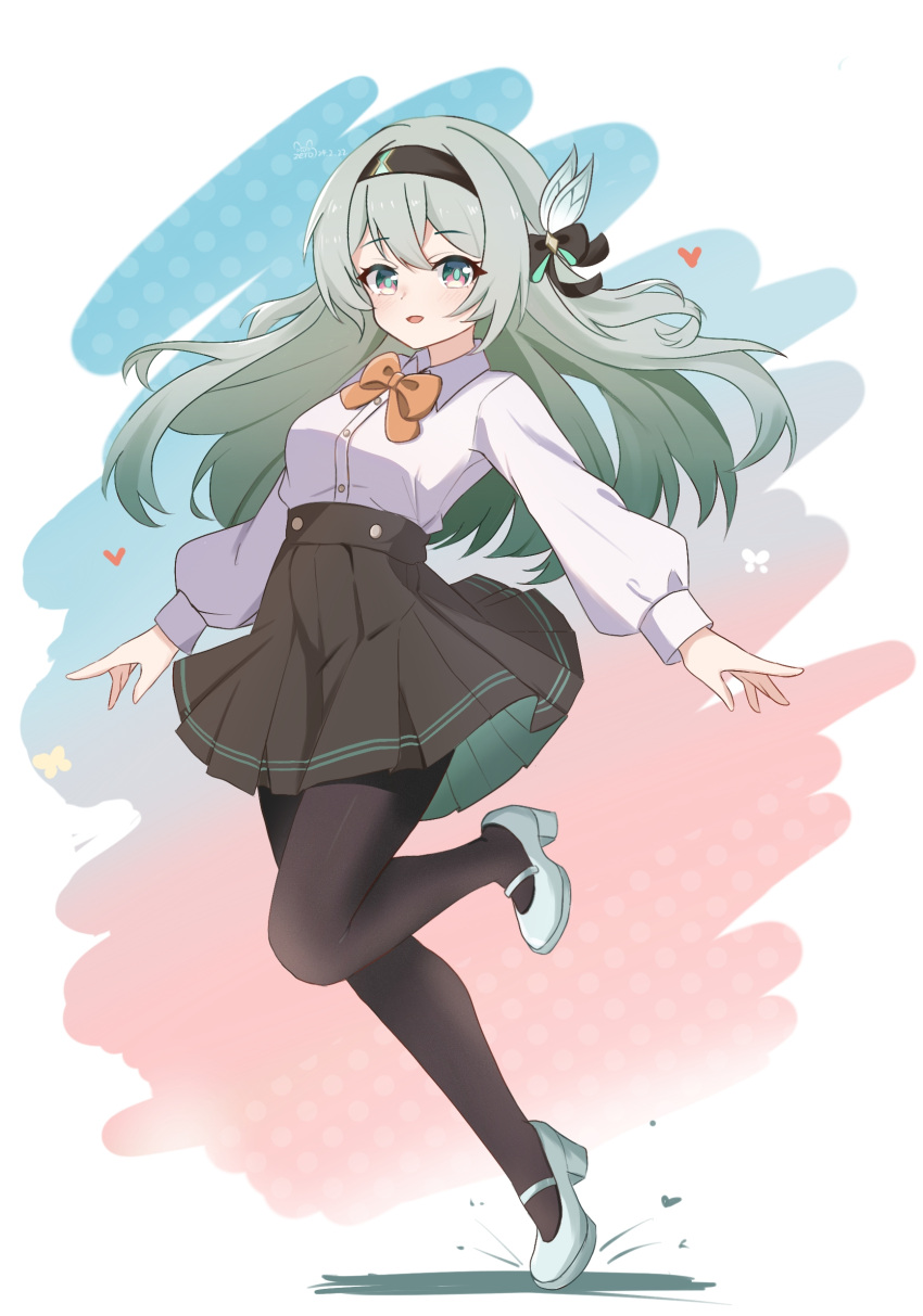 1girl absurdres alternate_costume black_hairband black_pantyhose black_skirt bow bowtie bug butterfly butterfly_hair_ornament firefly_(honkai:_star_rail) green_footwear grey_hair hair_ornament hair_ribbon hairband heart highres honkai:_star_rail honkai_(series) knee_up long_hair long_sleeves looking_at_viewer multicolored_background open_mouth orange_bow orange_bowtie outstretched_arms pantyhose pleated_skirt ribbon school_uniform shirt skirt violet_eyes white_background white_shirt zerosama_(sailuojiang)