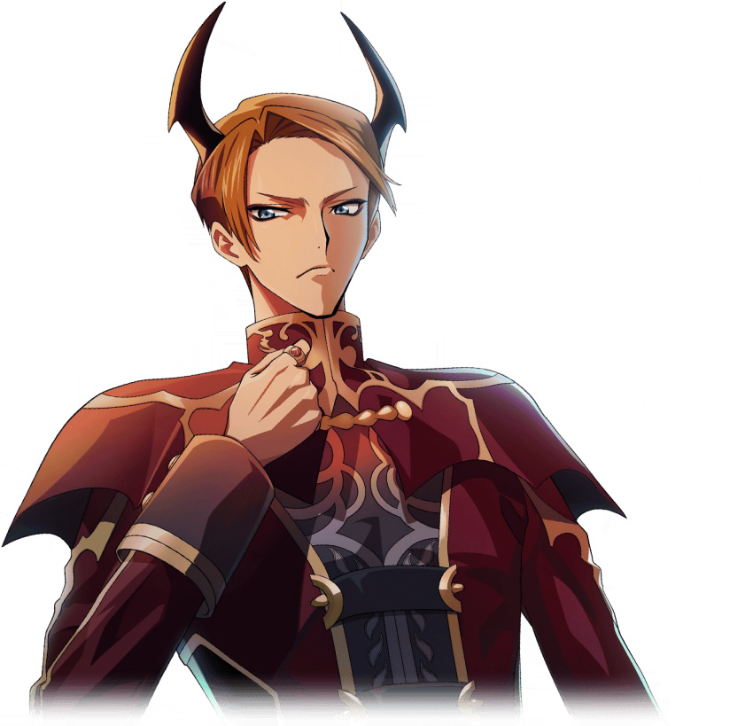 1boy arm_at_side artist_request black_horns black_shirt blue_eyes brown_hair capelet clenched_hand closed_mouth code_geass code_geass:_lost_stories cropped_torso demon_boy forehead game_cg gem gold_trim hand_up highres horns jacket jewelry kewell_soresi long_sleeves looking_at_viewer male_focus non-web_source official_art ornate_ring red_capelet red_gemstone red_jacket ring serious shirt short_hair sidelocks simple_background solo standing transparent_background upper_body v-shaped_eyebrows