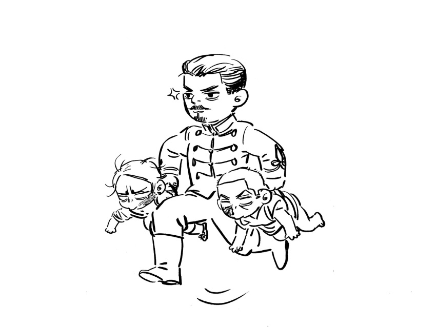 3boys aged_down anger_vein blank_eyes boots bruise bruise_on_face carrying carrying_multiple_people carrying_person chengongzi123 child closed_mouth deformed facial_hair full_body goatee golden_kamuy highres injury koito_otonoshin lineart looking_to_the_side male_focus military_uniform multiple_boys mustache running short_hair simple_background tsukishima_hajime tsurumi_tokushirou uniform very_short_hair white_background
