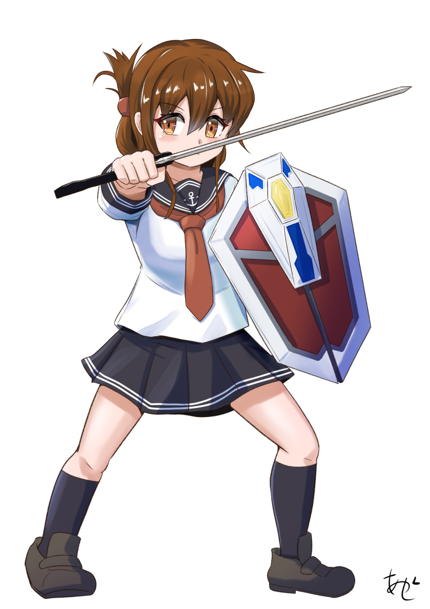 1girl akashieru black_sailor_collar black_skirt black_socks brown_eyes brown_footwear brown_hair commentary_request denkou_choujin_gridman folded_ponytail full_body highres inazuma_(kancolle) kantai_collection loafers long_hair long_sleeves looking_at_viewer neckerchief one-hour_drawing_challenge parody pleated_skirt red_neckerchief sailor_collar sailor_shirt shield shirt shoes simple_background skirt socks solo standing sword weapon white_background white_shirt