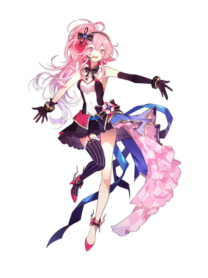 1girl absurdres bare_shoulders frilled_skirt frills gloves hair_ribbon hen-tie high_heels highres idol_(quantum_protocol) looking_at_viewer neck_ribbon non-web_source official_art pink_eyes pink_hair quantum_protocol ribbon side_ponytail skirt sleeveless thigh-highs thighs transparent_background