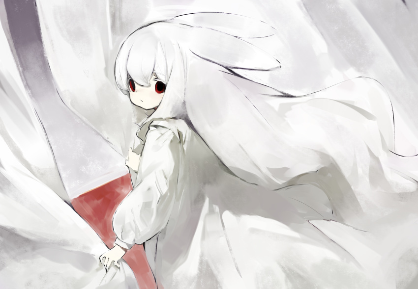 1girl albino animal_ears closed_mouth commentary curtains dress floppy_ears highres long_dress long_hair long_sleeves looking_at_viewer looking_back original puffy_long_sleeves puffy_sleeves rabbit_ears red_eyes shirokujira solo very_long_hair white_dress white_hair
