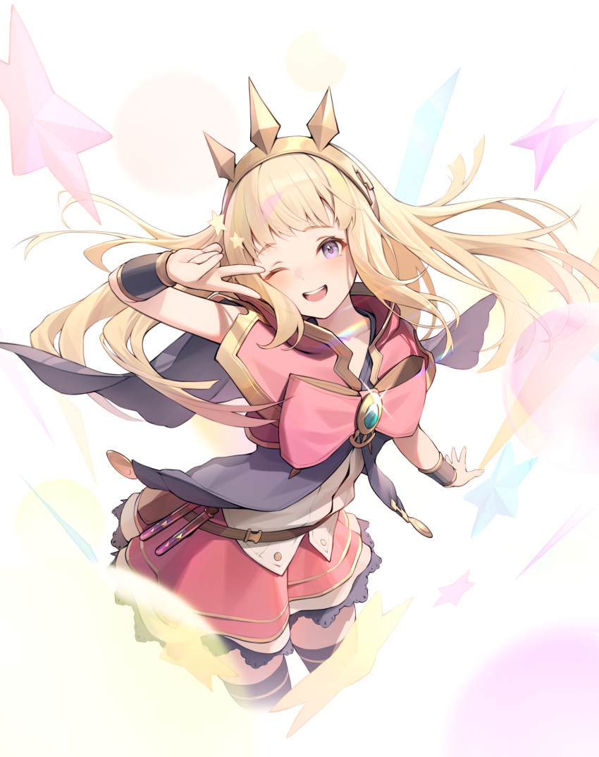 1girl absurdres blonde_hair bow bracer cagliostro_(granblue_fantasy) cape cropped_legs granblue_fantasy hair_spread_out hairband highres huge_bow long_hair looking_at_viewer open_mouth pink_bow risa_(pixiv23908854) skirt solo spiked_hairband spikes star_(symbol) teeth tiara upper_teeth_only v v_over_eye vial violet_eyes zettai_ryouiki
