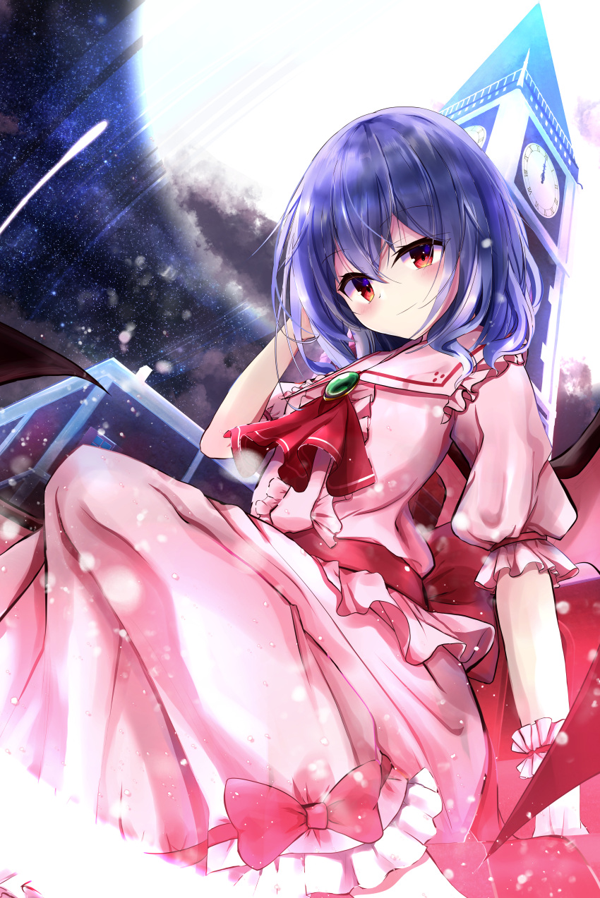 1girl absurdres arm_at_side ascot back_bow bat_wings blue_hair blush bow bow_skirt center_frills clock clock_tower closed_mouth commentary_request feet_out_of_frame foreshortening frilled_shirt frilled_shirt_collar frilled_skirt frilled_wrist_cuffs frills from_below full_moon gem green_gemstone hair_between_eyes hand_up highres hoshikage_syo knees_up light_particles long_hair looking_at_viewer looking_down medium_hair moon no_headwear outdoors pink_shirt pink_skirt puffy_short_sleeves puffy_sleeves red_ascot red_bow red_eyes remilia_scarlet scarlet_devil_mansion shirt short_sleeves sitting skirt sky smile solo star_(sky) starry_sky touhou tower tsurime wings wrist_cuffs
