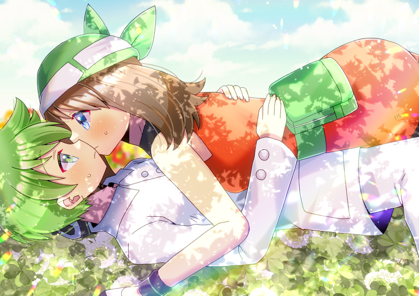 1boy 1girl bare_shoulders blue_eyes blue_sky blush brown_hair closed_mouth clouds cloudy_sky clover commentary_request commission day dress eye_contact from_side girl_on_top green_eyes green_hair green_headwear highres jacket kou_hiyoyo long_sleeves looking_at_another lying may_(pokemon) on_back orange_dress outdoors pants pixiv_commission pokemon pokemon_oras sky sleeveless sleeveless_dress sweat wally_(pokemon) white_jacket white_pants