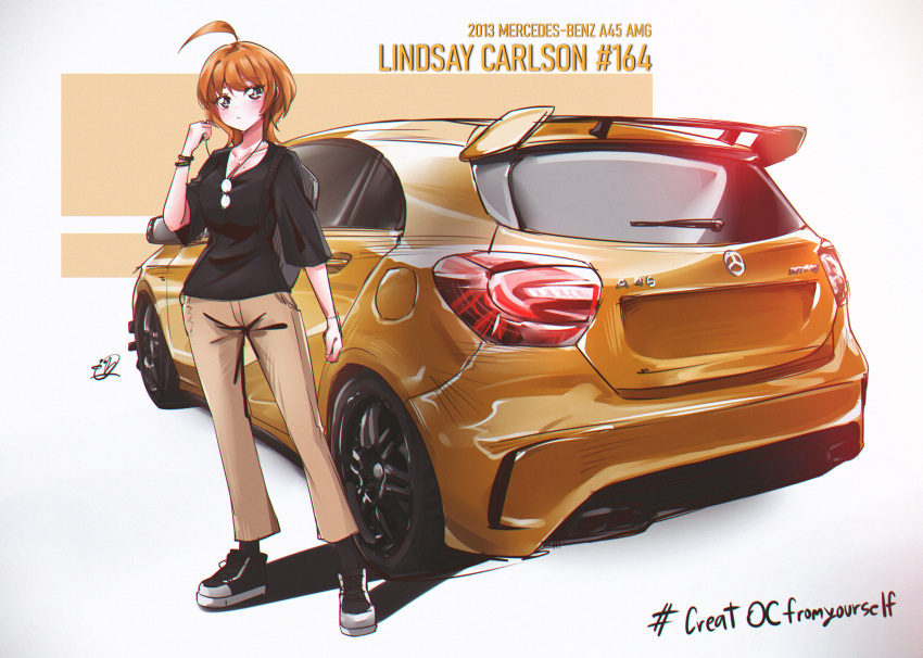 1girl absurdres ahoge black_footwear black_shirt bracelet breasts brown_hair brown_pants car character_name clenched_hand collarbone english_commentary full_body glasses green_eyes head_tilt highres jewelry looking_at_viewer medium_breasts medium_hair mercedes-benz mercedes-benz_a45 mercedes-benz_amg_a45 mf_ghost mizzterbii motor_vehicle original pants shadow shirt shoes signature sneakers solo spoiler_(automobile) unworn_eyewear vehicle_focus vehicle_name