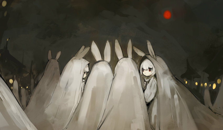 5girls :&lt; animal_ears closed_mouth commentary_request dress ears_through_hood grey_cloak highres looking_at_viewer moon multiple_girls night original outdoors partial_commentary profile rabbit_ears red_eyes red_moon shirokujira white_dress white_hair