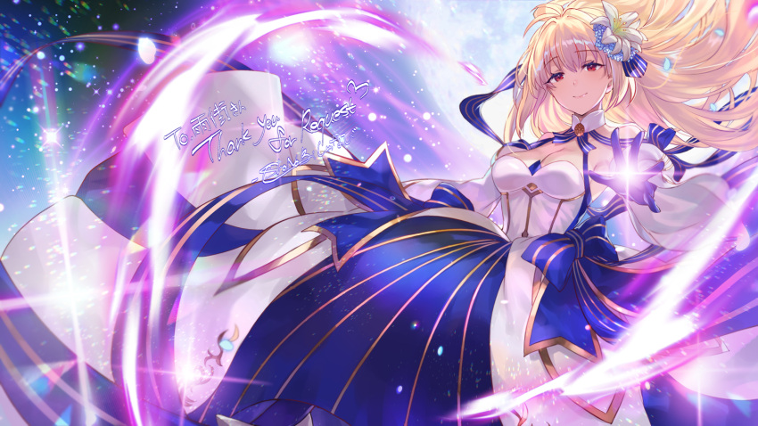 1girl arcueid_brunestud blonde_hair breasts commission dress flower gold_trim hair_flower hair_ornament highres light long_hair looking_at_viewer magic medium_breasts outstretched_arm red_eyes shanabi0610 skeb_commission smile solo tsukihime two-tone_dress
