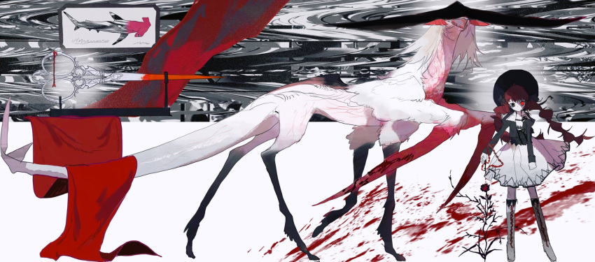 1girl abstract_background black_eyes black_shirt blood boots colored_skin creature feathers flower hammerhead_shark heterochromia highres kamikiririp open_mouth original red_eyes redhead scissors shirt skirt twintails white_feathers white_fur white_hair white_skin white_skirt white_tail