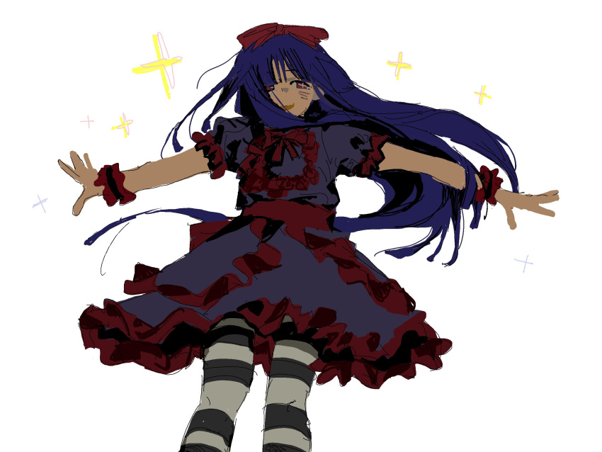 1girl arms_up black_souls blue_dress blue_hair bow dress frilled_cuffs frilled_dress frills fz_d0tt hair_bow highres long_hair looking_to_the_side mabel_(black_souls) parted_lips puffy_short_sleeves puffy_sleeves red_bow short_sleeves sidelocks simple_background smile solo sparkle sparkling_eyes striped_clothes striped_thighhighs thigh-highs very_long_hair white_background wrist_cuffs