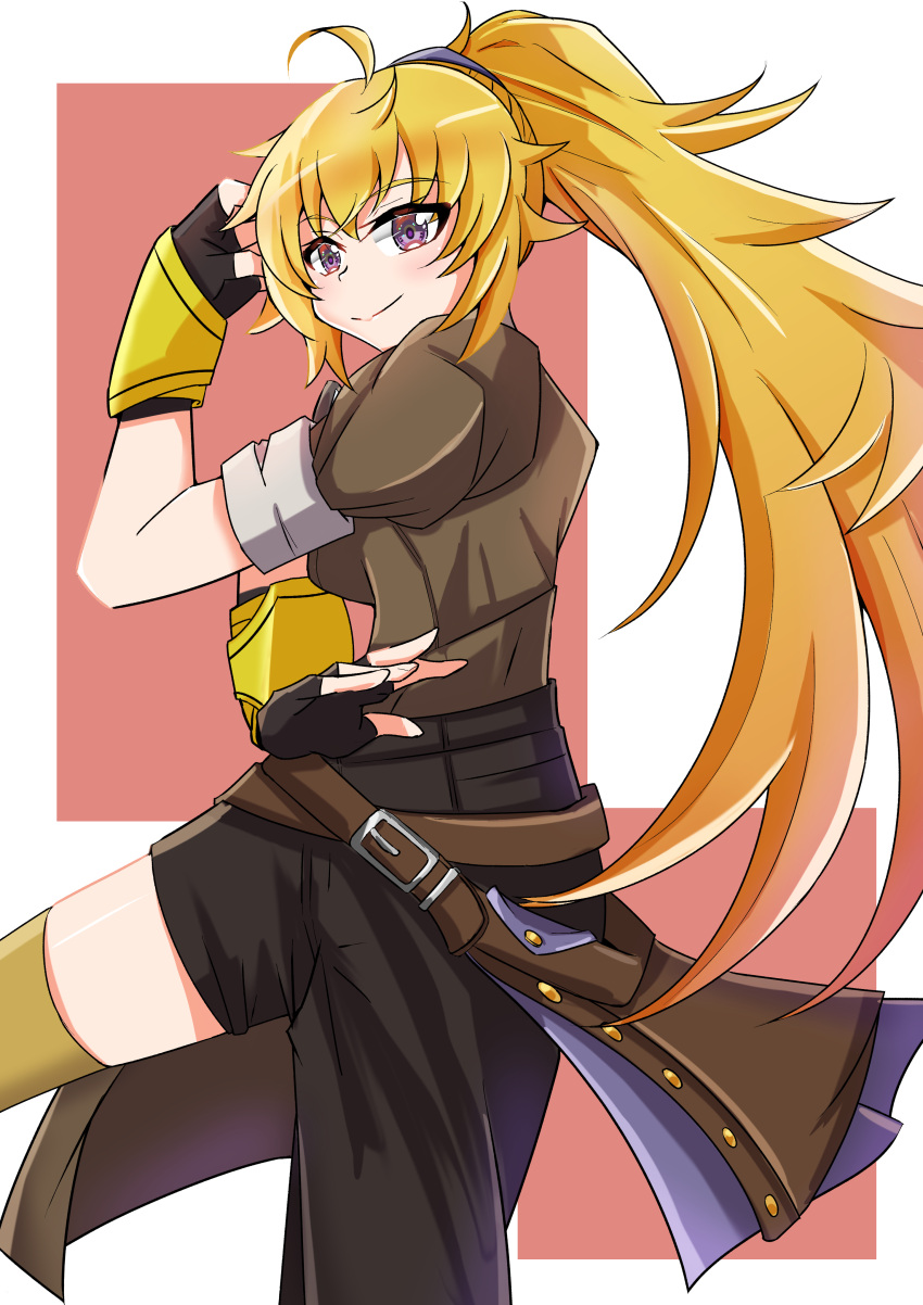 1girl absurdres ahoge asymmetrical_clothes bakuma belt black_gloves black_pants blonde_hair brown_belt brown_jacket closed_mouth commentary_request cowboy_shot ember_celica_(rwby) english_commentary fighting_stance fingerless_gloves gauntlets gloves hair_between_eyes high_ponytail highres jacket leather_belt long_hair looking_at_viewer multiple_belts pants partial_commentary ponytail red_background rwby simple_background single_pantsleg single_thighhigh sleeves_rolled_up smile solo standing standing_on_one_leg thigh-highs violet_eyes white_background yang_xiao_long yellow_thighhighs