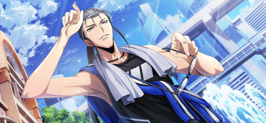 1boy arm_up armpits artist_request bangs_pinned_back bare_shoulders black-framed_eyewear black_choker black_hair black_shirt blue_eyes blue_jacket blue_sky building choker city clouds code_geass code_geass:_lost_stories day dutch_angle fountain game_cg gilbert_g.p._guilford hairband half-closed_eyes hand_up highres holding holding_removed_eyewear jacket jacket_over_shoulder long_hair looking_afar male_focus non-web_source official_art outdoors parted_lips ponytail semi-rimless_eyewear shiny_skin shirt sky skyscraper sleeveless sleeveless_shirt solo sparkle sportswear standing sweat toned towel towel_around_neck tree unworn_eyewear unworn_jacket upper_body water white_hairband