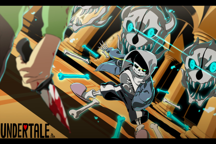 1boy battle black_sclera black_shorts blood blood_on_hands blood_on_knife blue_eyes blue_jacket blurry blurry_foreground bone cel_shading chara_(undertale) colored_sclera column commentary copyright_name drawstring duel dutch_angle eye_trail fighting_stance floating floating_object full_body glowing glowing_eye glowing_eyes grin hand_in_pocket high_contrast highres holding holding_knife hood hood_up hooded_jacket indoors jacket kamezaemon knife legs_apart letterboxed light_trail long_sleeves looking_at_viewer male_focus open_clothes open_jacket out_of_frame outstretched_arm pillar pink_footwear ribs sans shorts skeleton skull slippers smile socks solo_focus standing undertale white_socks zipper