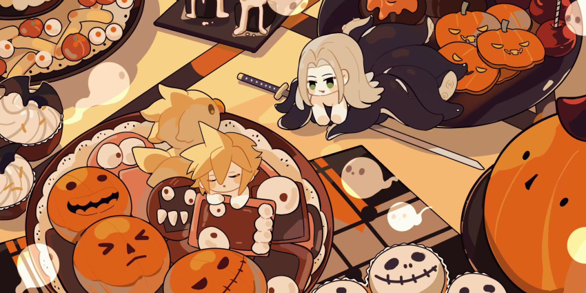 2boys blonde_hair blush_stickers candy_apple chibi chinese_commentary chocobo closed_eyes cloud_strife commentary_request cookie cupcake dapanggezilan dessert doughnut final_fantasy final_fantasy_vii food full_body ghost green_eyes grey_hair halloween highres jack-o'-lantern katana lace long_hair male_focus masamune_(ff7) mini_person multiple_boys octopus_boy on_plate on_table open_mouth pastry plate pop_tart pumpkin sephiroth short_hair smile spiky_hair sword table tentacles topless_male weapon