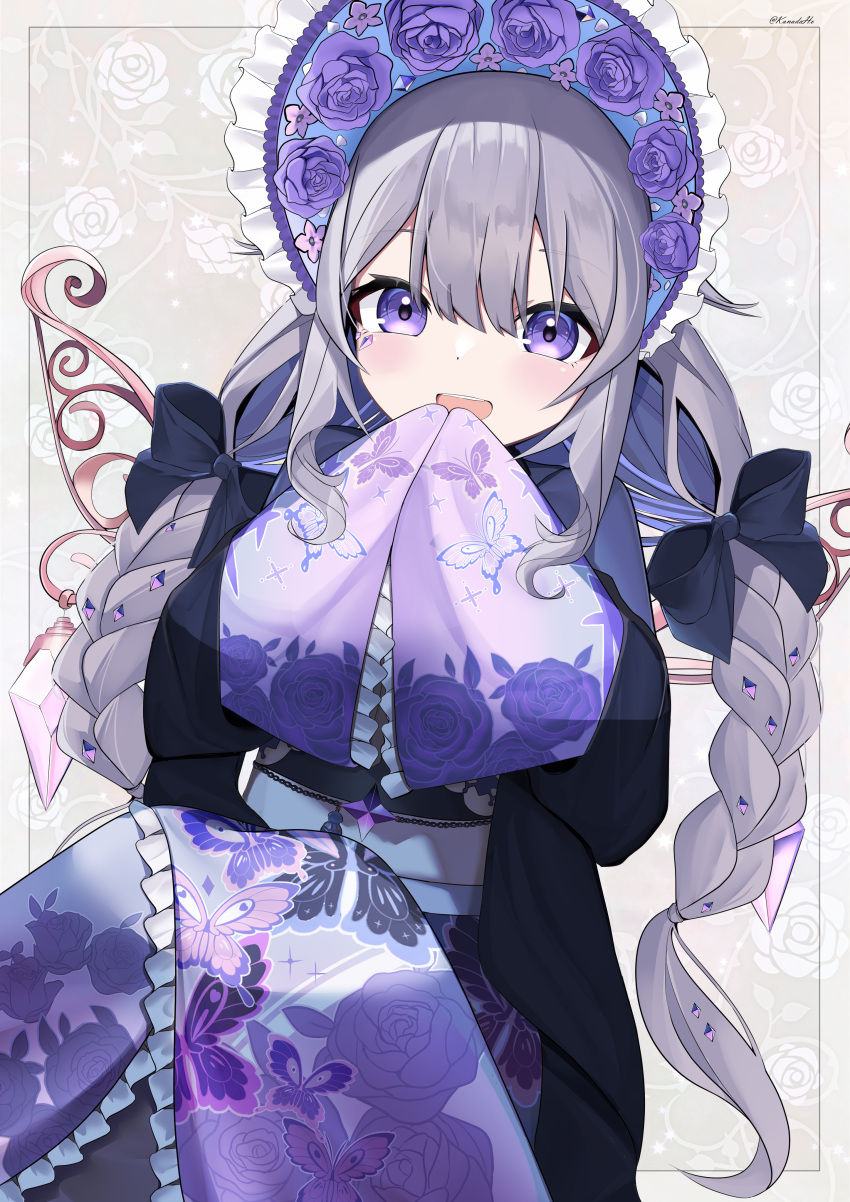 1girl absurdres blush braid floral_print frilled_bonnet grey_hair hair_between_eyes hair_ribbon happy highres hololive hololive_english kanadeho koseki_bijou long_hair long_sleeves looking_at_viewer open_mouth own_hands_together patterned_background ribbon smile solo twin_braids twitter_username very_long_hair violet_eyes virtual_youtuber wings