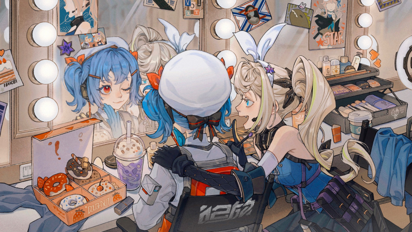 2girls ;3 absurdres bare_shoulders belt_pouch beret black_gloves black_skirt blonde_hair blue_eyes blue_gloves blue_hair blue_shirt bow bow_hairband colphne_(girls'_frontline_2) cosmetics cup disposable_cup doughnut dressing_room drinking drinking_straw elbow_gloves fang food food_delivery_box girls'_frontline_2:_exilium girls_frontline gloves hairband hand_on_another's_shoulder hand_up hat headset highres index_finger_raised juanmao light_bulb long_hair makeup_brush mirror multiple_girls on_chair one_eye_closed open_box open_mouth photo_(object) poster_(object) pouch red_eyes reflection sharkry_(girls'_frontline_2) shirt short_hair side_ponytail sitting skirt sleeveless sleeveless_shirt twintails upper_body white_bow white_hairband white_headwear white_shirt