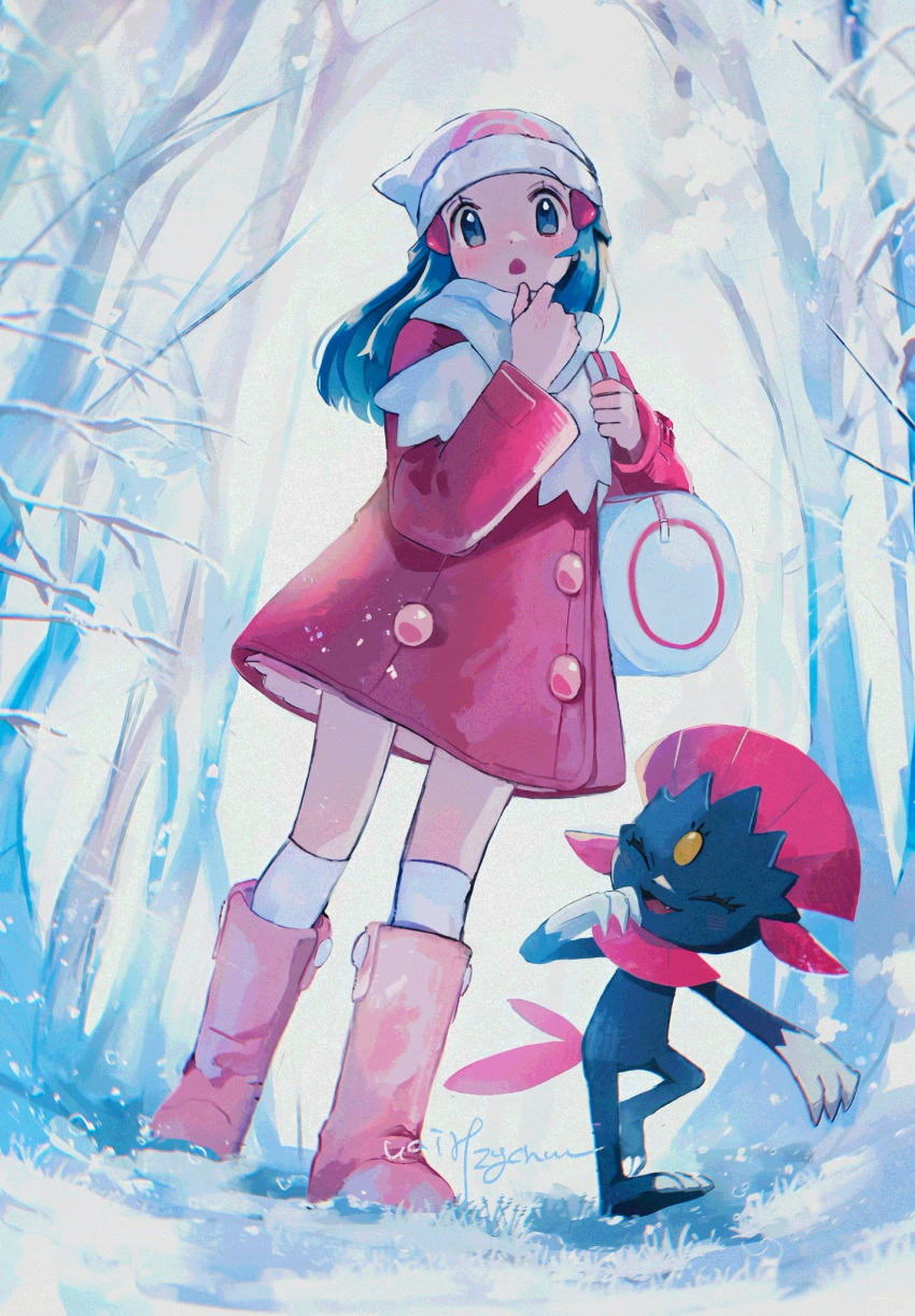 1girl :o bag bare_tree beanie blush boots coat commentary_request day duffel_bag from_below hair_ornament hairclip hanenbo hat highres hikari_(pokemon) holding_strap long_hair long_sleeves outdoors over-kneehighs pink_footwear pokemon pokemon_(creature) pokemon_dppt pokemon_platinum scarf sidelocks signature standing thigh-highs tree weavile white_headwear white_scarf winter