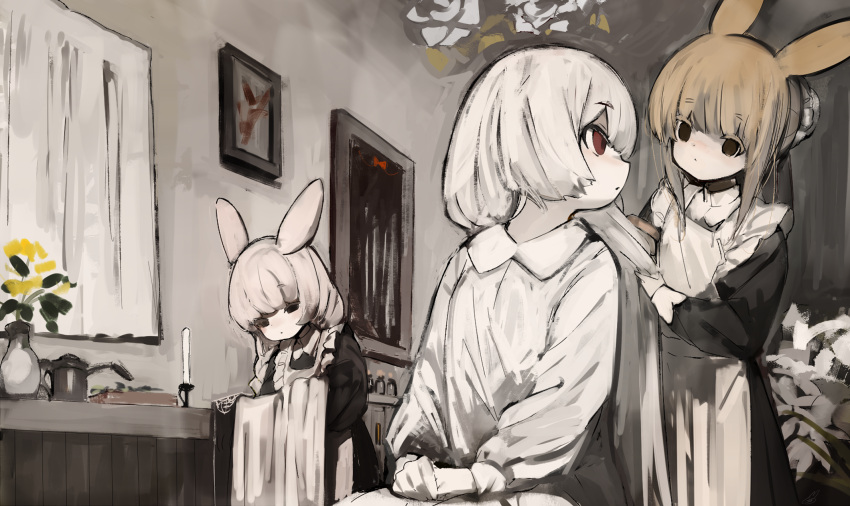 3girls animal_ears apron black_dress braid brown_eyes brown_hair brushing_another's_hair brushing_hair bun_cover candle closed_mouth commentary dot_nose dress flower frilled_apron frills grey_hair hands_on_lap highres holding_cloth indoors long_sleeves looking_at_another maid maid_apron mirror multiple_girls original own_hands_together rabbit_ears red_eyes shirokujira sitting twin_braids watering_can white_apron white_dress yellow_flower