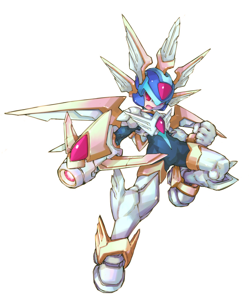 absurdres android arm_cannon armor clenched_hand copy_x_(mega_man) helmet highres iikoao mechanical_wings mega_man_(series) mega_man_zero_(series) open_mouth red_eyes robot simple_background spikes weapon white_background wings