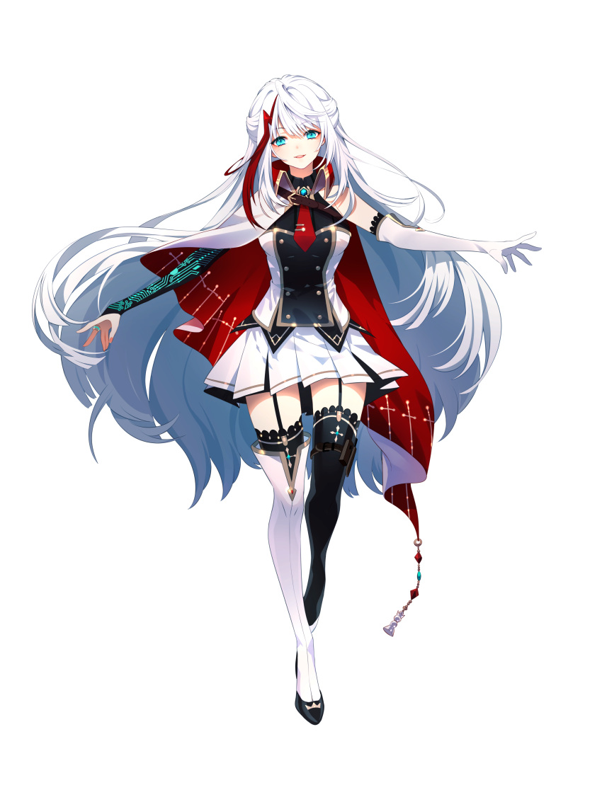 1girl absurdres cloak elbow_gloves gloves green_eyes hen-tie high_collar highres light_smile long_hair looking_at_viewer necktie non-web_source official_art pleated_skirt quantum_protocol queen_(quantum_protocol) red_necktie shirt single_bare_shoulder skirt sleeveless sleeveless_shirt thigh-highs thighs transparent_background white_hair