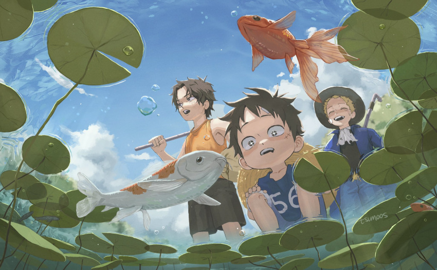 +_+ 3boys ^_^ artist_name ascot black_hair blonde_hair blue_coat blue_pants blue_tank_top child closed_eyes clouds coat english_commentary fish from_below hat highres male_focus monkey_d._luffy multiple_boys one_piece orange_tank_top pants portgas_d._ace sabo_(one_piece) sky smile straw_hat tank_top top_hat tsumoos water_lily_flower white_ascot