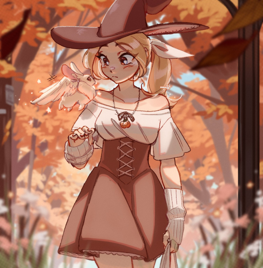 1girl animal_ear_fluff autumn_leaves bag bare_shoulders blonde_hair blush brown_eyes brown_headwear collarbone cudlil cudlil_(character) english_commentary fingerless_gloves forest gloves hair_ribbon hat high-waist_skirt highres holding holding_bag jewelry looking_down nature necklace off-shoulder_shirt off_shoulder original ponytail ribbon shirt skirt solo surprised walking white_gloves white_ribbon white_shirt witch_hat