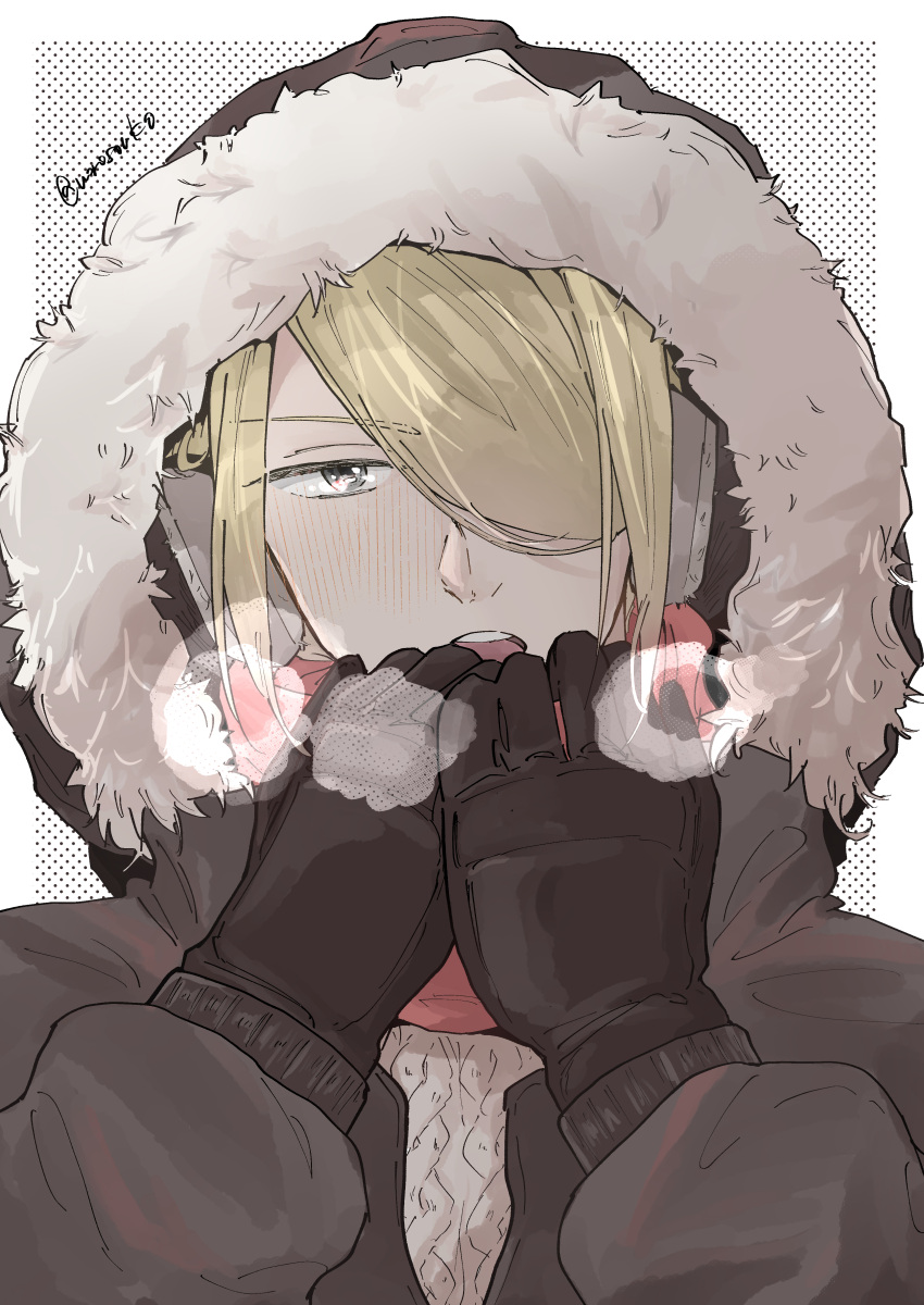 1boy absurdres black_gloves blonde_hair blush coat fur-trimmed_hood fur_trim gloves grey_coat grey_eyes hair_over_one_eye highres hood hood_up looking_at_viewer male_focus open_mouth pokemon pokemon_legends:_arceus portrait red_scarf scarf solo steam_from_mouth twitter_username volo_(pokemon) winter_clothes worosouko