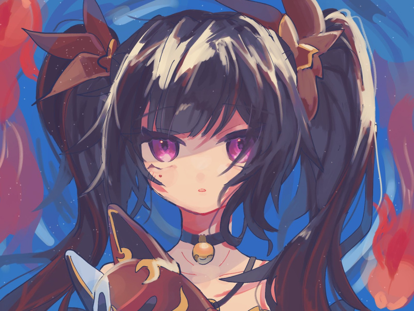 1girl bell black_choker blue_background bow brown_hair choker close-up collarbone fox_mask gradient_hair hair_bow highres holding holding_mask honkai:_star_rail honkai_(series) long_bangs long_hair looking_at_viewer mask mia_(mi13_gnsn) multicolored_hair neck_bell parted_lips pink_eyes portrait raised_eyebrows red_bow redhead sidelocks solo sparkle_(honkai:_star_rail) straight-on twintails