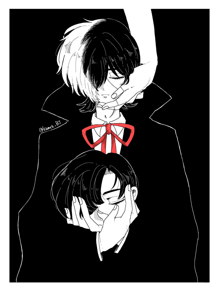 2boys artist_name black_jack_(character) black_jack_(series) border bow closed_eyes closed_mouth coat collared_shirt disembodied_head frown hair_over_one_eye hand_on_another's_cheek hand_on_another's_face highres holding_head kamyu_bj long_sleeves male_focus monochrome multicolored_hair multiple_boys red_bow rock_(tezuka_osamu) scar scar_on_face scar_on_hand shirt short_hair simple_background split-color_hair spot_color star_system twitter_username two-tone_hair u_u wing_collar