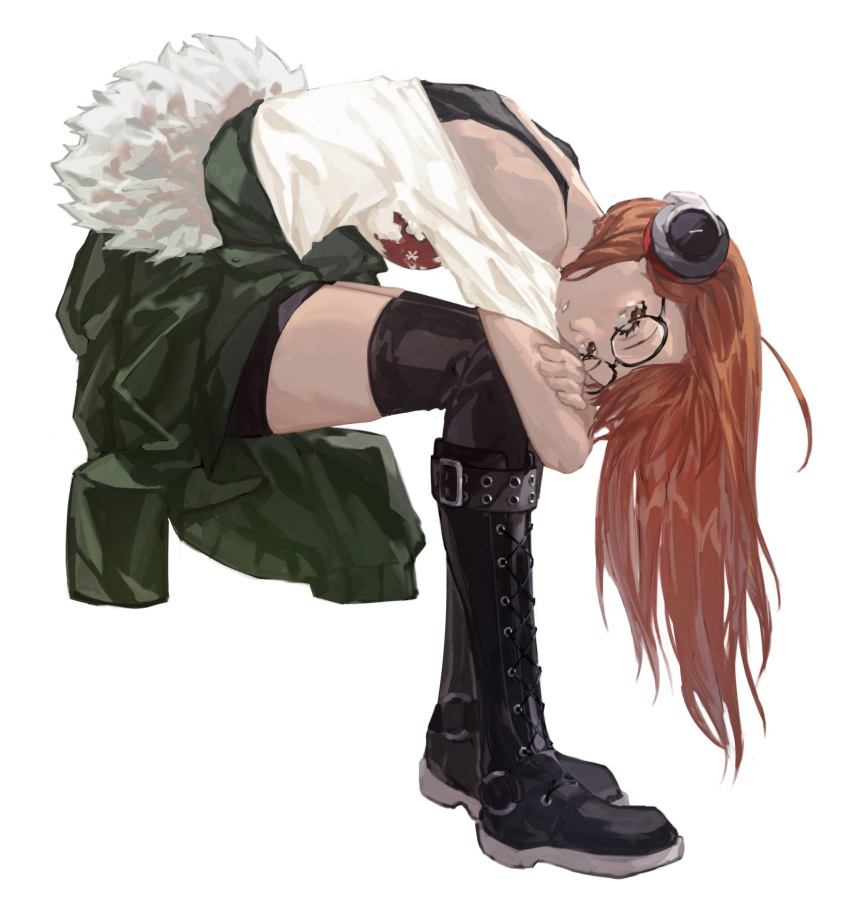 1girl black_footwear black_tank_top black_thighhighs boots brown_eyes full_body fur-trimmed_jacket fur_trim glasses green_jacket headphones highres hunched_over jacket long_hair looking_at_viewer open_clothes open_jacket orange_hair parted_lips persona persona_5 richost sakura_futaba shorts simple_background solo tank_top thigh-highs white_background
