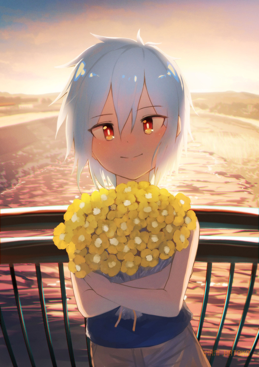 1girl absurdres artist_name backlighting blue_shirt bouquet closed_mouth commentary_request cowboy_shot english_commentary fence fisheye flower flower_request hair_between_eyes highres holding holding_bouquet inami_hatoko looking_at_viewer mixed-language_commentary original red_eyes river shirakami_musubu shirt solo white_hair yellow_flower