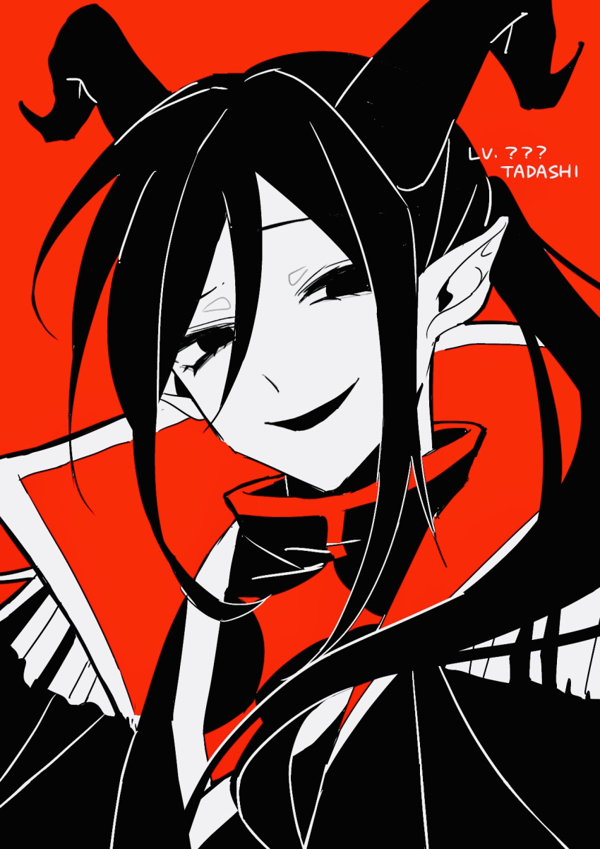 1boy black_eyes black_hair black_horns colored_skin fallin'_dead_relive_life_(vocaloid) hair_between_eyes highres horns long_hair looking_to_the_side official_alternate_costume original pointy_ears ponytail red_background roro_0818 solo tadashi_kunai turtleneck vocaloid white_skin