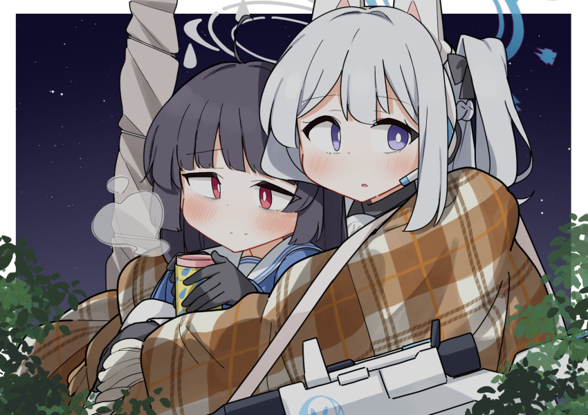 2girls :o bags_under_eyes black_bow black_gloves black_hair blanket blue_archive blue_shirt blush bolt_action bow braid closed_mouth cup dash_b fringe_trim gloves grey_hair gun hair_bow halo headgear highres holding holding_cup long_hair miyako_(blue_archive) miyu_(blue_archive) mosin-nagant multiple_girls night night_sky one_side_up parted_lips plaid red_eyes rifle sailor_collar shirt sky smile steam submachine_gun suomi_kp/-31 violet_eyes weapon white_sailor_collar