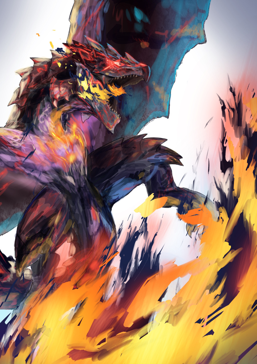absurdres apex_rathalos breathing_fire claws colored_sclera dragon fire flying fujikura glowing glowing_eyes gradient_background highres monster_hunter_(series) monster_hunter_rise open_mouth pointy_ears rathalos red_eyes scales scar sharp_teeth spikes spread_wings tail talons teeth wings wyvern