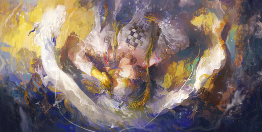 1girl abstract_background absurdres arknights bead_bracelet beads blonde_hair blue_background blue_hair bracelet chinese_commentary colored_skin commentary_request daylightallure dress highres jewelry looking_at_viewer multicolored_hair necklace painterly shu_(arknights) sidelocks solo upper_body upside-down white_dress white_hair yellow_background yellow_eyes yellow_skin