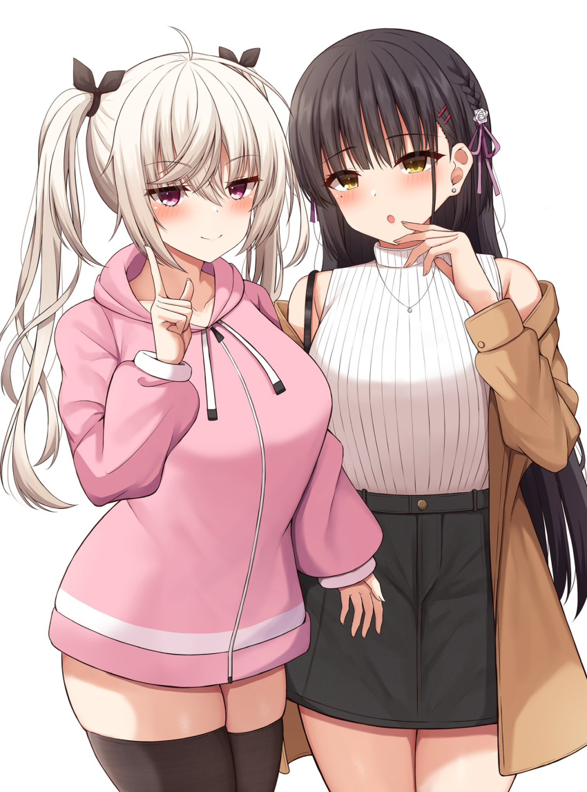 2girls :o ahoge akizuki_kanna alternate_costume arm_at_side bare_shoulders black_bow black_hair black_skirt black_thighhighs blush bow breasts brown_coat cafe_stella_to_shinigami_no_chou casual closed_mouth coat commentary cowboy_shot crossed_bangs earrings eyelashes eyes_visible_through_hair flower hair_between_eyes hair_bow hair_flower hair_ornament hair_ribbon hairclip hand_up high-waist_skirt highres hood hood_down hoodie index_finger_raised jewelry jitome large_breasts long_sleeves looking_at_viewer miniskirt mole mole_under_eye multiple_girls off_shoulder open_clothes open_coat open_mouth pink_hoodie purple_ribbon ribbed_shirt ribbon rose ryakusun shiki_natsume shirt side-by-side side_ponytail sidelocks simple_background skindentation skirt sleeveless sleeveless_shirt smile standing straight_hair stud_earrings thigh-highs tsurime violet_eyes wavy_hair white_background white_flower white_hair white_rose white_shirt yellow_eyes zettai_ryouiki