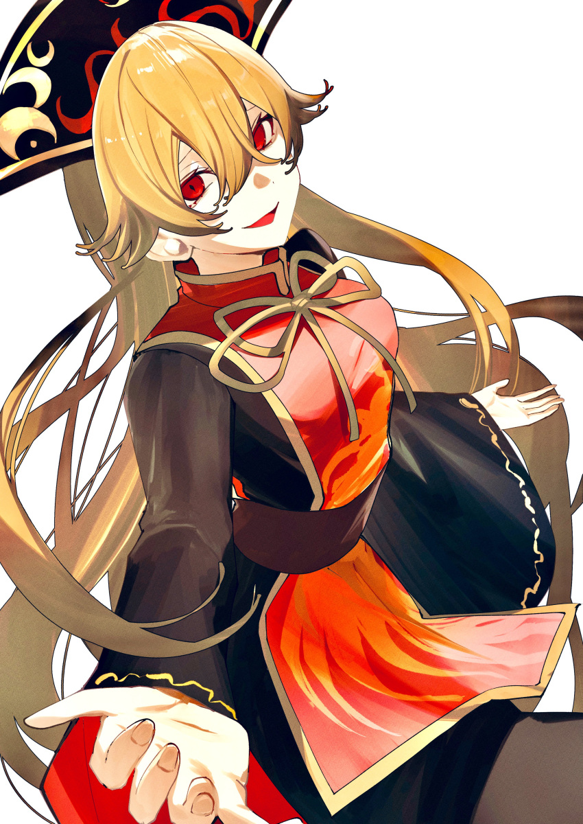 1girl absurdres black_dress black_headwear chinese_clothes dress hair_between_eyes highres ikasoba junko_(touhou) long_hair long_sleeves looking_at_viewer open_mouth orange_hair phoenix_crown red_eyes simple_background smile solo tabard touhou white_background wide_sleeves