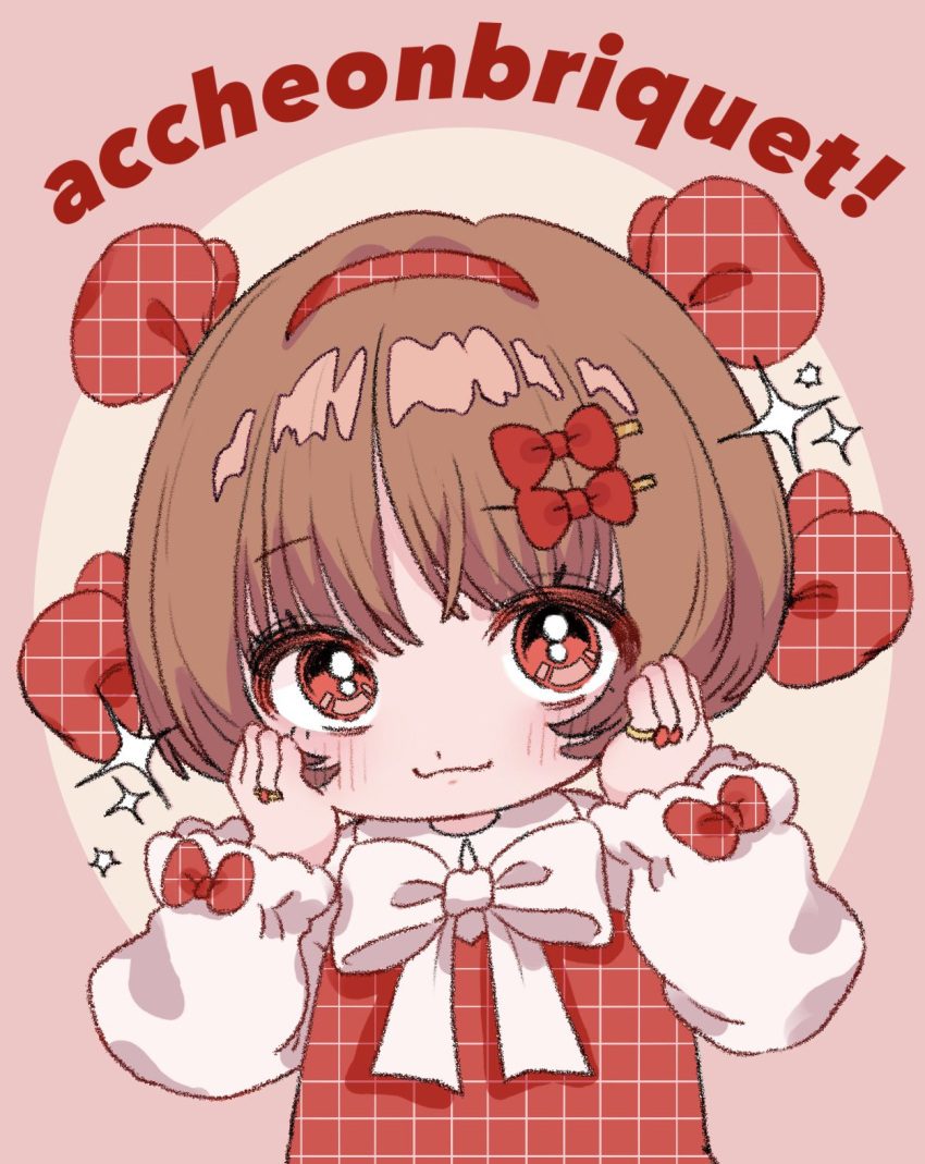 1girl :3 alternate_costume black_jack_(series) blush bob_cut bow bowtie brown_hair collared_shirt dress english_text enugani05 frilled_sleeves frills hair_bow hair_ornament hairband hairclip hands_on_own_cheeks hands_on_own_face highres jewelry long_sleeves looking_at_viewer multiple_hair_bows pinafore_dress pink_background pinoko plaid plaid_bow plaid_dress red_bow red_dress red_eyes red_hairband ring shirt short_hair simple_background sleeveless sleeveless_dress solo sparkle upper_body white_bow white_shirt