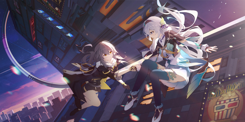 2girls black_hairband black_jacket blue_pupils blue_thighhighs bow bridal_gauntlets closed_mouth cropped_jacket evening firefly_(honkai:_star_rail) gleam_lin_shi grey_hair hair_between_eyes hair_intakes hairband highres holding_hands honkai:_star_rail honkai_(series) jacket long_hair long_sleeves looking_at_another miniskirt multiple_girls neckerchief open_mouth orange_neckerchief shirt shooting_star sidelocks single_bridal_gauntlet skirt smile stelle_(honkai:_star_rail) thigh-highs trailblazer_(honkai:_star_rail) two-sided_fabric two-sided_jacket two-tone_eyes white_bow white_shirt yellow_eyes