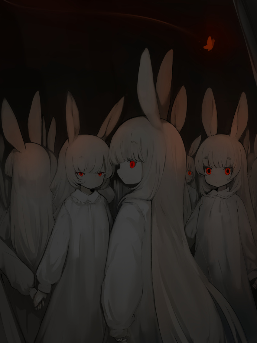 6+girls absurdres albino animal_ears arms_at_sides black_background bug butterfly closed_mouth collared_dress commentary dark dot_nose dress expressionless glowing glowing_eyes grey_hair highres holding_hands long_hair long_sleeves looking_at_viewer multiple_girls original pale_skin parted_lips profile puffy_long_sleeves puffy_sleeves rabbit_ears red_butterfly red_eyes shirokujira sleeves_past_wrists smile standing staring trail very_long_hair wavy_hair white_dress