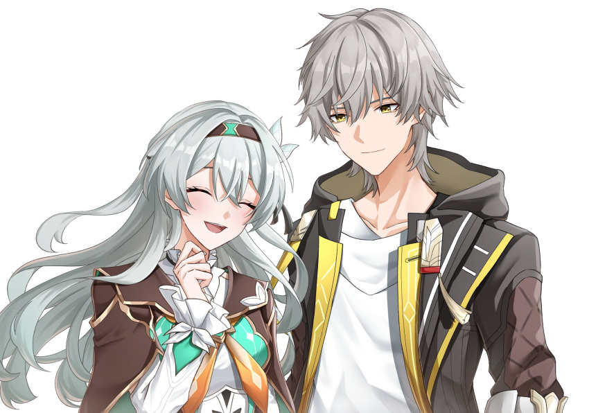 1boy 1girl :d arms_at_sides black_hairband black_jacket caelus_(honkai:_star_rail) closed_eyes closed_mouth collared_shirt facing_viewer firefly_(honkai:_star_rail) grey_hair hair_intakes hairband hand_up highres honkai:_star_rail honkai_(series) hood hood_down hooded_jacket jacket long_hair looking_at_another looking_at_viewer neckerchief open_clothes open_jacket open_mouth orange_neckerchief shirt short_hair sidelocks simple_background smile teeth third-party_source trailblazer_(honkai:_star_rail) upper_body upper_teeth_only white_background white_shirt yellow_eyes zack_(z_kuu0720)