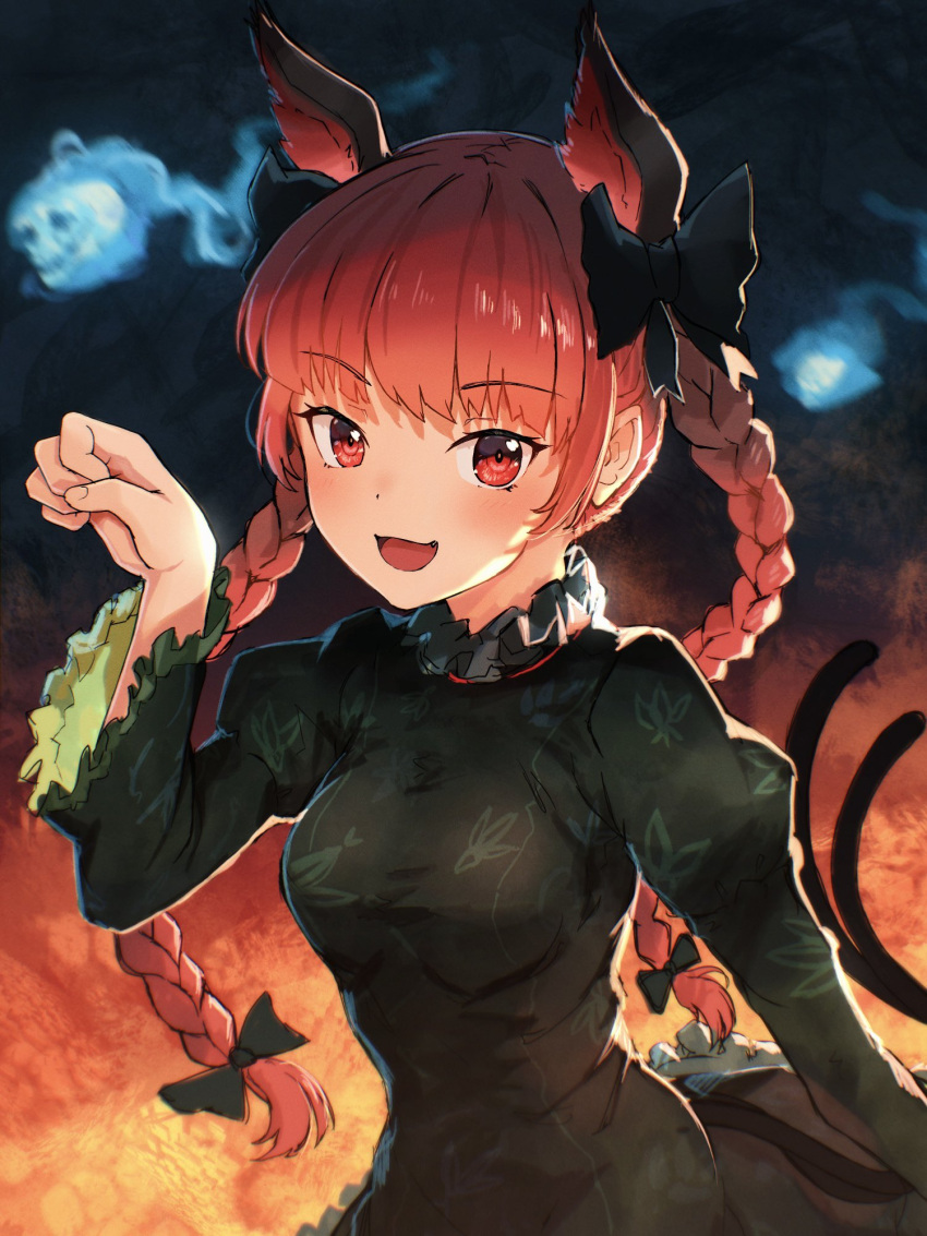 1girl :d animal_ear_fluff animal_ears black_bow bow braid cat_day cat_ears cat_tail dress extra_ears fire ghost green_dress highres hitodama kaenbyou_rin lava looking_at_viewer multiple_tails open_mouth paw_pose ponpochi puffy_sleeves red_eyes redhead skull smile sparks tail touhou twin_braids two_tails