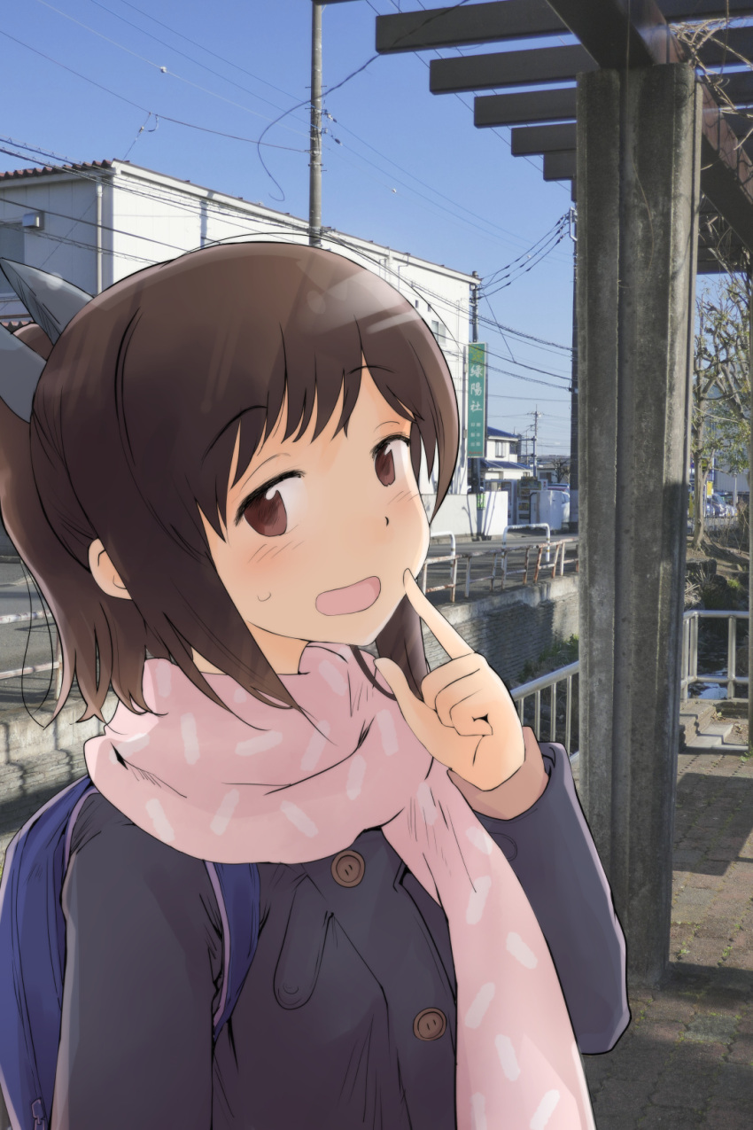 1girl alternate_costume backpack bag black_coat blue_sky blush brown_eyes brown_hair building coat commentary_request day finger_to_cheek hair_ornament highres i-401_(kancolle) index_finger_raised kantai_collection kashmir long_sleeves looking_at_viewer open_mouth outdoors photo_background pink_scarf ponytail power_lines scarf sidelocks sky smile solo sweatdrop town upper_body urban utility_pole