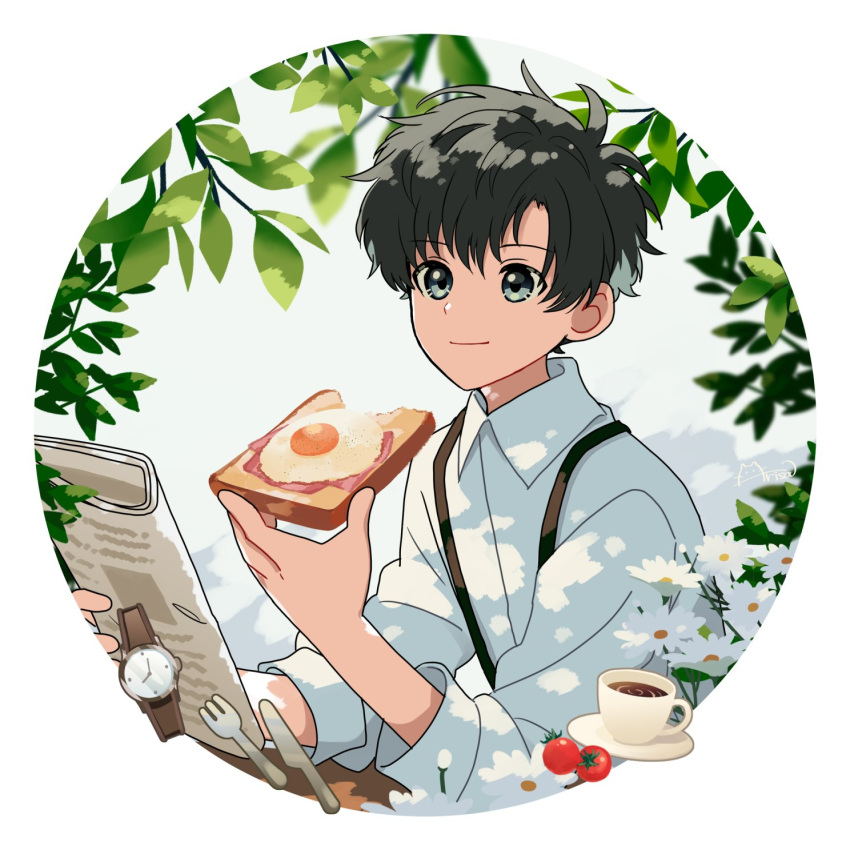 1boy arisa_(aren) black_eyes black_hair blurry border branch bread bread_slice closed_mouth coffee collared_shirt cup dappled_sunlight drink flower food fork fried_egg green_eyes highres holding holding_food holding_newspaper knife leaf long_sleeves looking_ahead male_focus newspaper original round_image saucer shirt short_hair signature smile solo sunlight suspenders teacup toast upper_body watch watch white_border white_flower white_shirt