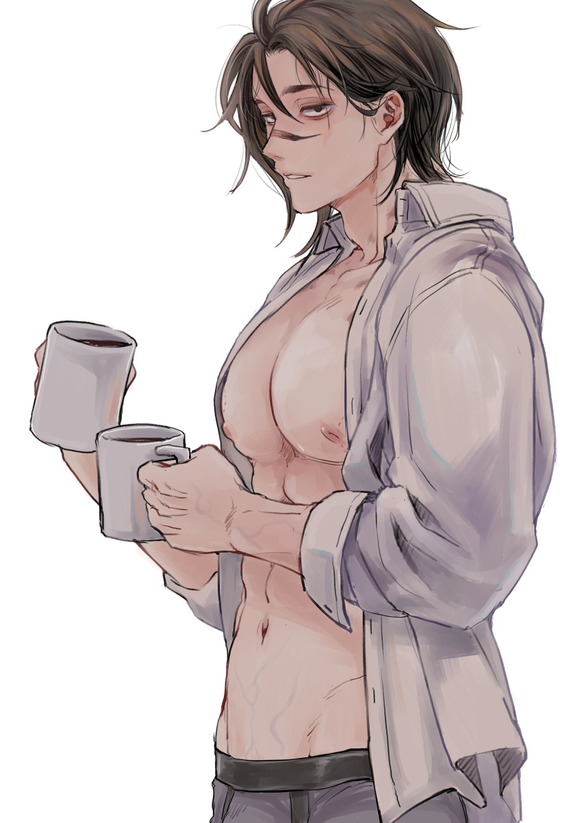 1boy absurdres black_eyes black_hair black_shorts choso_(jujutsu_kaisen) collared_shirt cowboy_shot cup facial_tattoo highres holding holding_cup jgg30ksks jujutsu_kaisen looking_at_viewer male_focus muscular muscular_male nipples open_clothes open_shirt parted_lips pectoral_cleavage pectorals shirt short_hair shorts simple_background solo standing tattoo white_background white_shirt