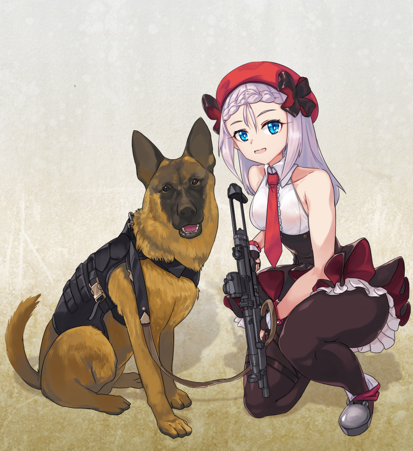 1girl beret black_pantyhose blue_eyes breasts dog frilled_skirt frills german_shepherd girls_frontline gun hat hat_ribbon highres holding holding_gun holding_weapon jamgom leash looking_at_viewer mp5_(girls'_frontline) necktie on_one_knee open_mouth pantyhose red_headwear red_necktie ribbon scope shoes simple_background skirt small_breasts smile weapon white_hair