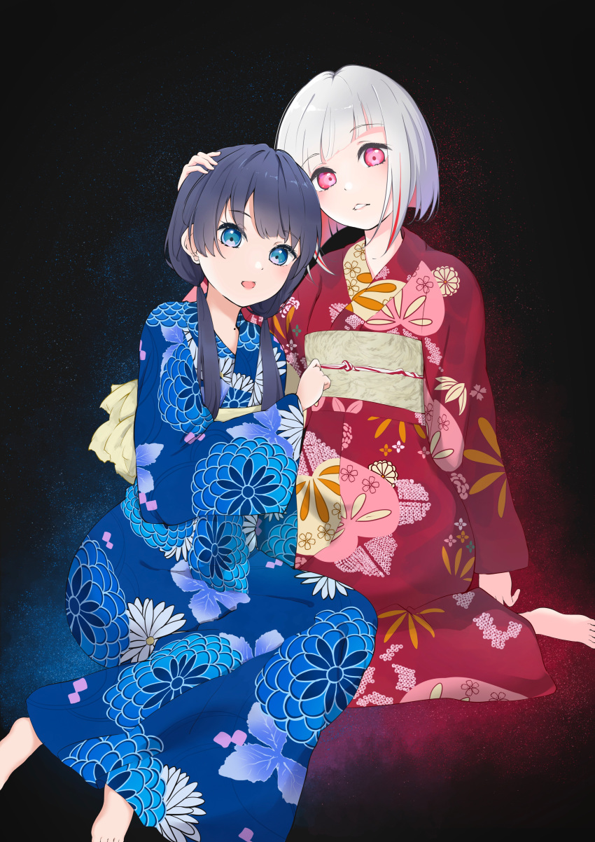 2girls absurdres aoiao barefoot blue_eyes blue_hair blue_kimono blunt_bangs dark_blue_hair dollchestra floral_print hand_on_another's_head highres japanese_clothes kimono leaf_print link!_like!_love_live! long_hair looking_at_viewer love_live! low_twintails mole mole_on_neck multiple_girls murano_sayaka open_mouth red_eyes red_kimono short_hair simple_background twintails white_hair yugiri_tsuzuri