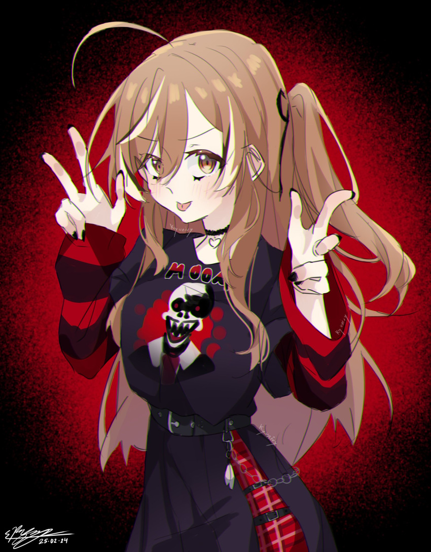1girl :p ahoge black_background black_choker black_nails black_shirt black_skirt blush brown_eyes brown_hair choker closed_mouth cowboy_shot dated double_w hair_between_eyes hands_up highres hololive kyuni_ry long_hair long_sleeves looking_at_viewer multicolored_hair nail_polish nanashi_mumei one_side_up pleated_skirt print_shirt red_shirt shirt sidelocks signature simple_background skirt smile solo spotlight streaked_hair striped_clothes striped_shirt tongue tongue_out twitter_username two-tone_shirt v-shaped_eyebrows virtual_youtuber w white_hair