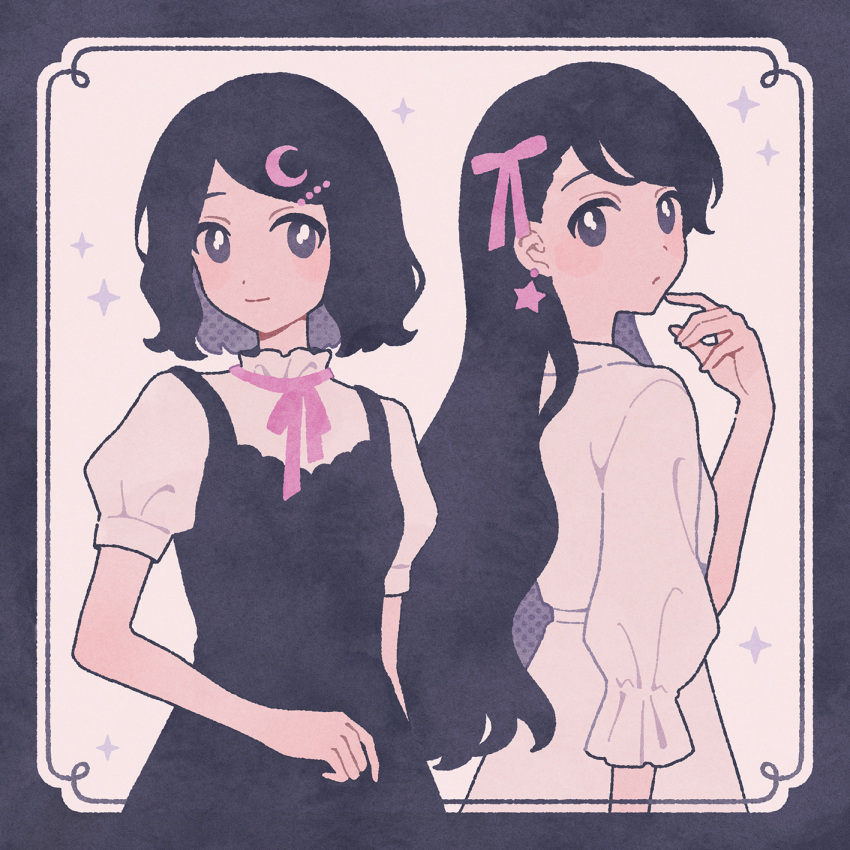 2girls black_border black_dress black_eyes black_hair blush_stickers border closed_mouth commentary crescent crescent_hair_ornament dress earrings expressionless flat_color frilled_dress frills hair_ornament hair_ribbon halftone highres jewelry long_hair looking_at_viewer multiple_girls nahara_saki neck_ribbon original pinafore_dress pink_ribbon puffy_short_sleeves puffy_sleeves ribbon short_hair short_sleeves simple_background sleeveless sleeveless_dress sleeves_past_elbows smile sparkle star_(symbol) star_earrings symbol-only_commentary upper_body white_background white_dress