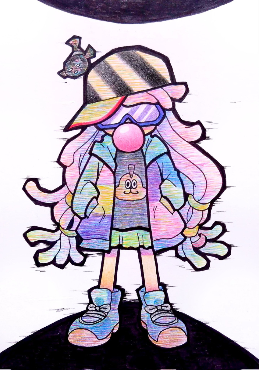 1girl black_shirt blue_footwear chewing_gum co_ma_tsu_na goggles goggles_on_head hands_in_pockets harmony_(splatoon) hat highres long_hair pink_hair print_shirt shirt shoes simple_background solo splatoon_(series) splatoon_3 very_long_hair white_background